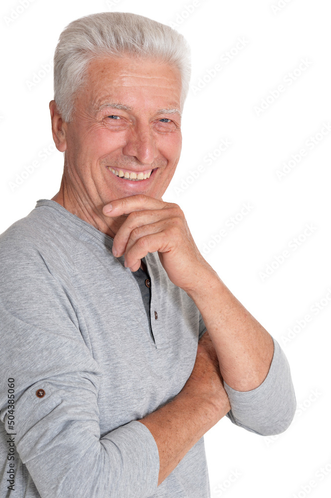 Portrait of smiling senior man on white background Portrait of smiling senior man on white background