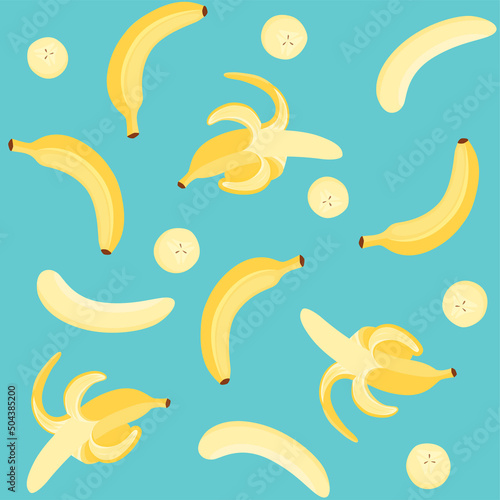Seamless vector pattern with ripe bananas and slices on a blue background.