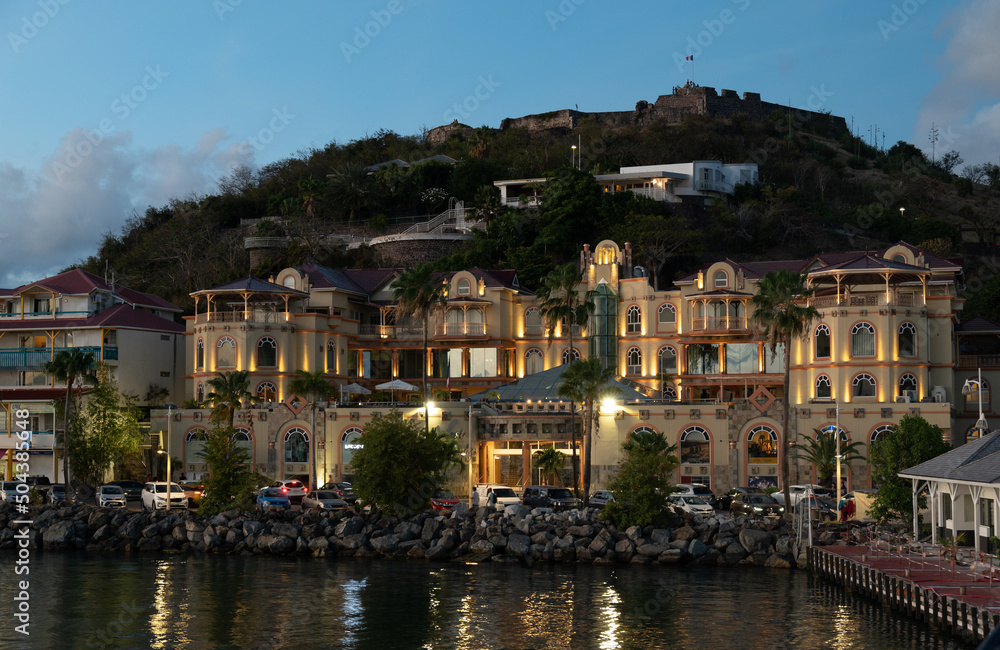 Marigot, St Martin - April 2022: the port of Marigot and Fort Louis in the evening