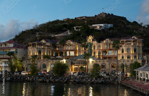 Marigot, St Martin - April 2022: the port of Marigot and Fort Louis in the evening