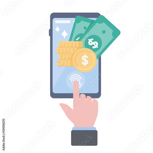 The money is on the mobile phone. online billing concept