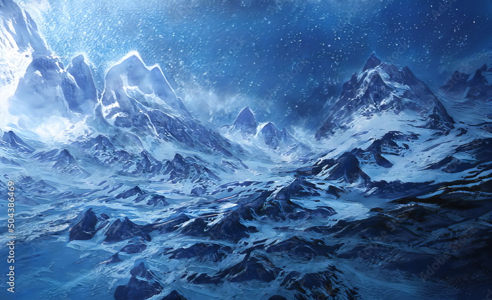 Fantastic Winter Epic Landscape of Mountains. Celtic Medieval forest. Frozen nature. Glacier in the mountains. Mystic Valley. Artwork sketch. Gaming background. Dark Canyon. Book Cover and Poster. Fantastic Winter Epic Landscape of Mountains. Celtic Medieval forest. Frozen nature. Glacier in the mountains. Mystic Valley. Artwork sketch. Gaming background. Dark Canyon. Book Cover and Poster.