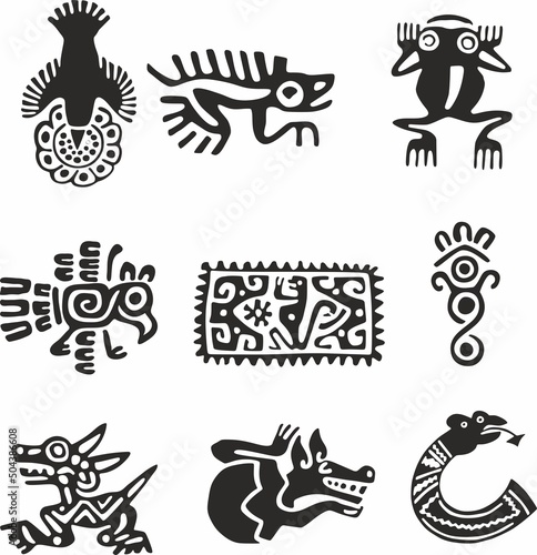 Vector set of monochrome Indian symbols. National ornament of native americans, aztecs, maya, incas.