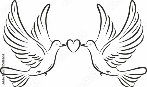 Vector monochrome loving flying doves with a heart in their beak. Bird of love and hope.