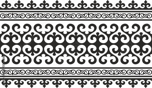 Vector monochrome seamless Kazakh national ornament. Ethnic pattern of the nomadic peoples of the great steppe, the Turks. Border, frame Mongols, Kyrgyz, Buryats, Kalmyks.