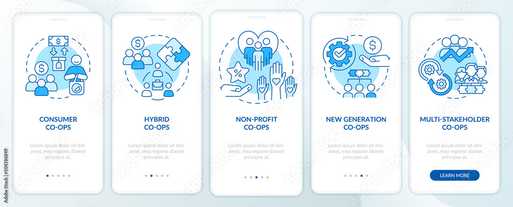 Types of business co-ops blue onboarding mobile app screen. Corporate walkthrough 5 steps graphic instructions pages with linear concepts. UI, UX, GUI template. Myriad Pro-Bold, Regular fonts used