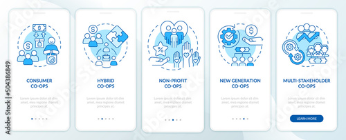 Types of business co-ops blue onboarding mobile app screen. Corporate walkthrough 5 steps graphic instructions pages with linear concepts. UI, UX, GUI template. Myriad Pro-Bold, Regular fonts used