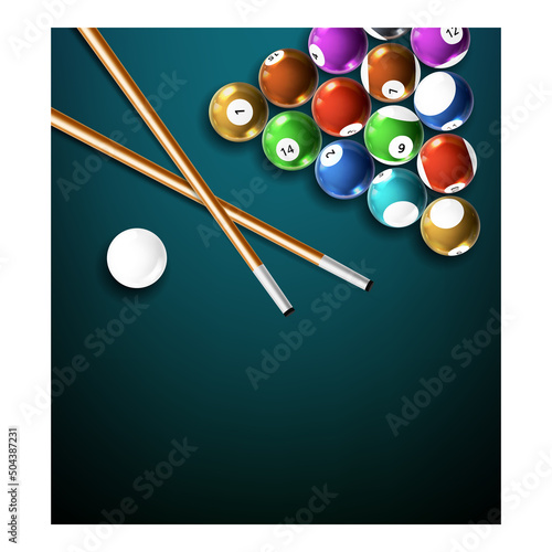 Billiards Tournament Creative Promo Poster Vector. Billiards Balls And Wooden Cue For Playing Sport Game Competition On Advertising Banner. Sport Activity Style Concept Template Illustration