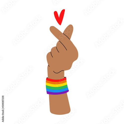 Vector korean heart hand. Dark-skinned hand with LGBT rainbow bracelet. Gay pride.