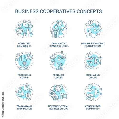 Business cooperatives turquoise concept icons set. Cooperative work idea thin line color illustrations. Membership. Isolated symbols. Editable stroke. Roboto-Medium, Myriad Pro-Bold fonts used