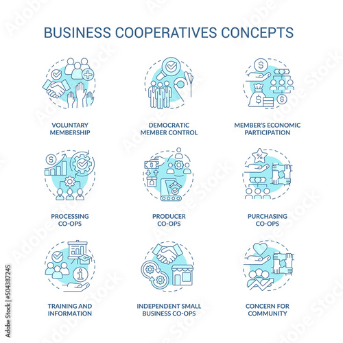 Business cooperatives turquoise concept icons set. Cooperative work idea thin line color illustrations. Membership. Isolated symbols. Editable stroke. Roboto-Medium  Myriad Pro-Bold fonts used
