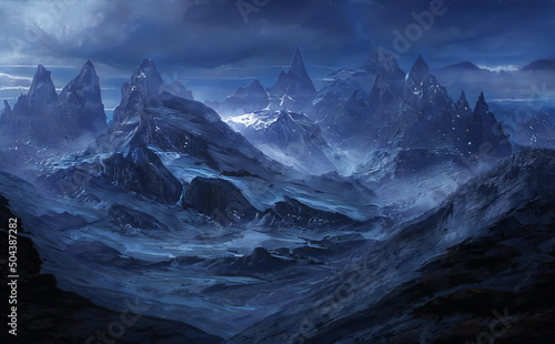 Fantastic Winter Epic Landscape of Mountains. Celtic Medieval forest. Frozen nature. Glacier in the mountains. Mystic Valley. Artwork sketch. Gaming background. Dark Canyon. Book Cover and Poster. 