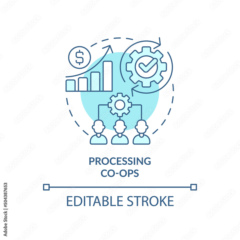 Processing co-ops turquoise concept icon. Collective ownership of equipment abstract idea thin line illustration. Isolated outline drawing. Editable stroke. Arial, Myriad Pro-Bold fonts used
