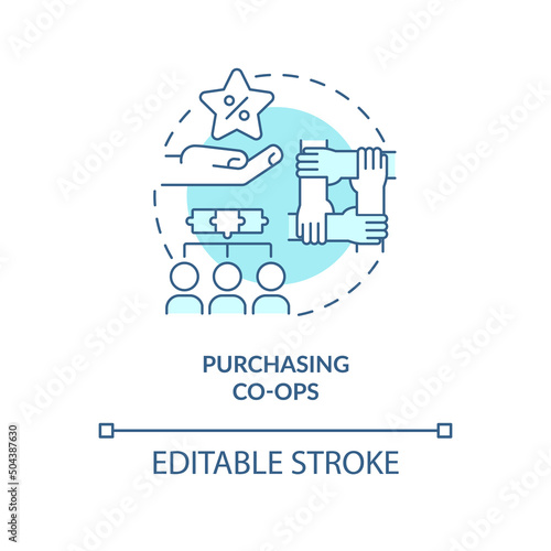 Purchasing co-ops turquoise concept icon. Providing better products and lower prices abstract idea thin line illustration. Isolated outline drawing. Editable stroke. Arial, Myriad Pro-Bold fonts used