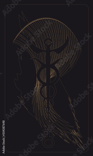 Tarot card back design, back side.  Occult and alchemical symbols, caduceus medical symbol