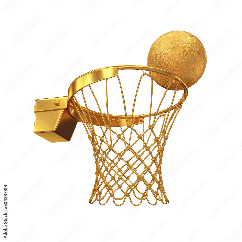 Gold basketball rim with a ball bottom view on a white background, 3d render