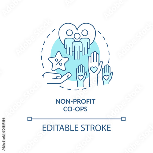 Non-profit co-ops turquoise concept icon. Nonprofit organization members abstract idea thin line illustration. Isolated outline drawing. Editable stroke. Arial, Myriad Pro-Bold fonts used