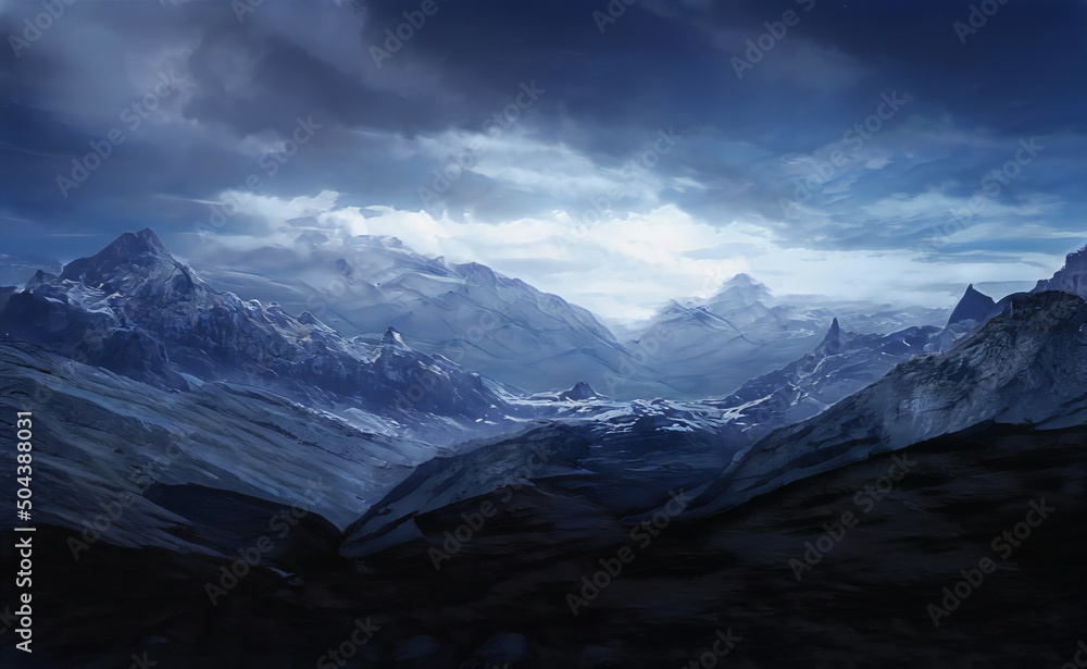 Fantastic Winter Epic  Landscape of Mountains. Celtic Medieval forest. Frozen nature. Glacier in the mountains. Mystic Valley. Artwork sketch. Gaming background. Dark Canyon. Book Cover and Poster.	 