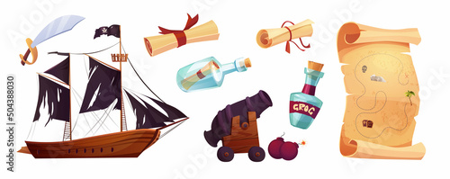 Pirates set icons in cartoon style. Flag with white skull and crossing bones. Parchment pirate's treasure map, bottle.