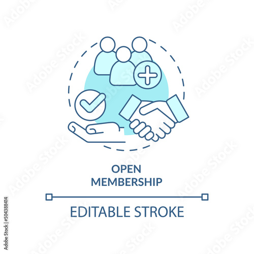 Open membership turquoise concept icon. Cooperative society advantage abstract idea thin line illustration. Recruitment. Isolated outline drawing. Editable stroke. Arial, Myriad Pro-Bold fonts used