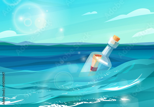 Bottle with paper message in it floating in sea. Pirates symbol. Cartoon vector illustration.