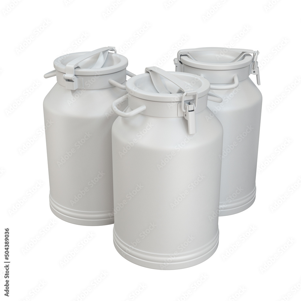 Three milk cans white on a white background, 3d render Three milk cans white on a white background, 3d render
