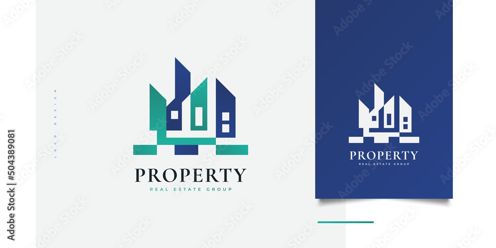 Abstract and Futuristic House Logo Design. Modern Blue and Green Real Estate Logo. Building or Architecture Icon