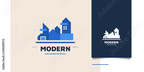 Blue Modern House Logo Design for Real Estate Business Identity. Futuristic Building Logo Design