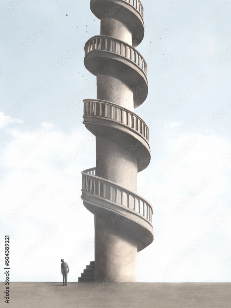 Illustration of man rising high spiral tower, surreal abstract concept