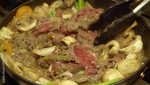 Cooking Korean Beef Hot Pot. Korean Food Bulgogi Jeongol. close up photo