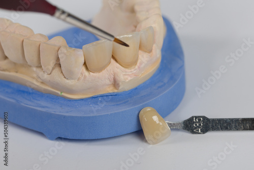 Close-up of painting work at artificial dentition with a paintbrush and a shade guide in a dental laboratory