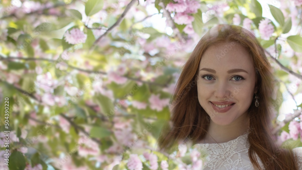 beautiful girl among sakura flowers, collage beautiful girl among sakura flowers, collage
