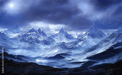 Fantastic Winter Epic Landscape of Mountains. Celtic Medieval forest. Frozen nature. Glacier in the mountains. Mystic Valley. Artwork sketch. Gaming background. Dark Canyon. Book Cover and Poster. 