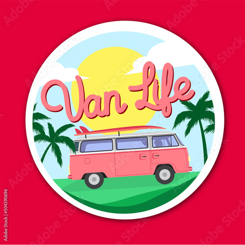 Van life sticker. Red Combi with a Surfboard on the road with background sunset. Van life vector. traveling by van. Campervan. furgoneta. camping. motorhome. road trip. photo