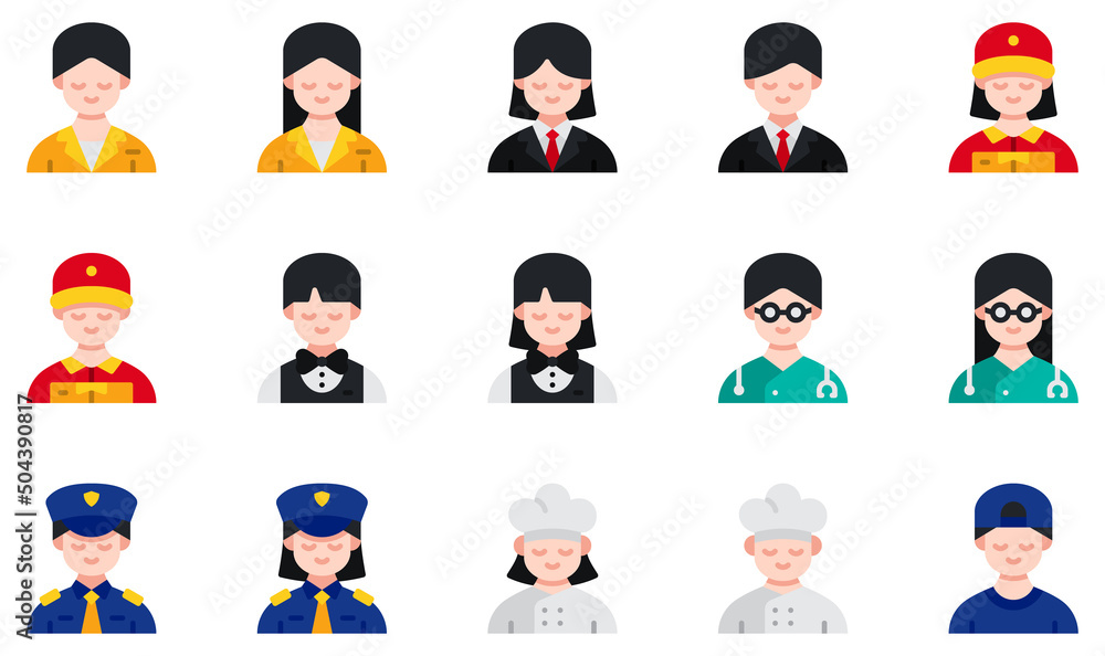 Set of Vector Icons Related to Avatars. Contains such Icons as Reception, Business Woman, Bartender, Doctor, Police, Chef and more. Set of Vector Icons Related to Avatars. Contains such Icons as Reception, Business Woman, Bartender, Doctor, Police, Chef and more.