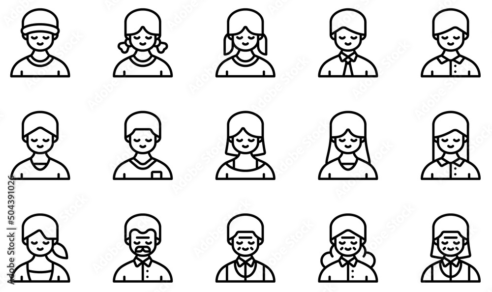 Set of Vector Icons Related to Avatars. Contains such Icons as Boy, Girl, Man, Woman, Old Man, Old Woman and more. Set of Vector Icons Related to Avatars. Contains such Icons as Boy, Girl, Man, Woman, Old Man, Old Woman and more.