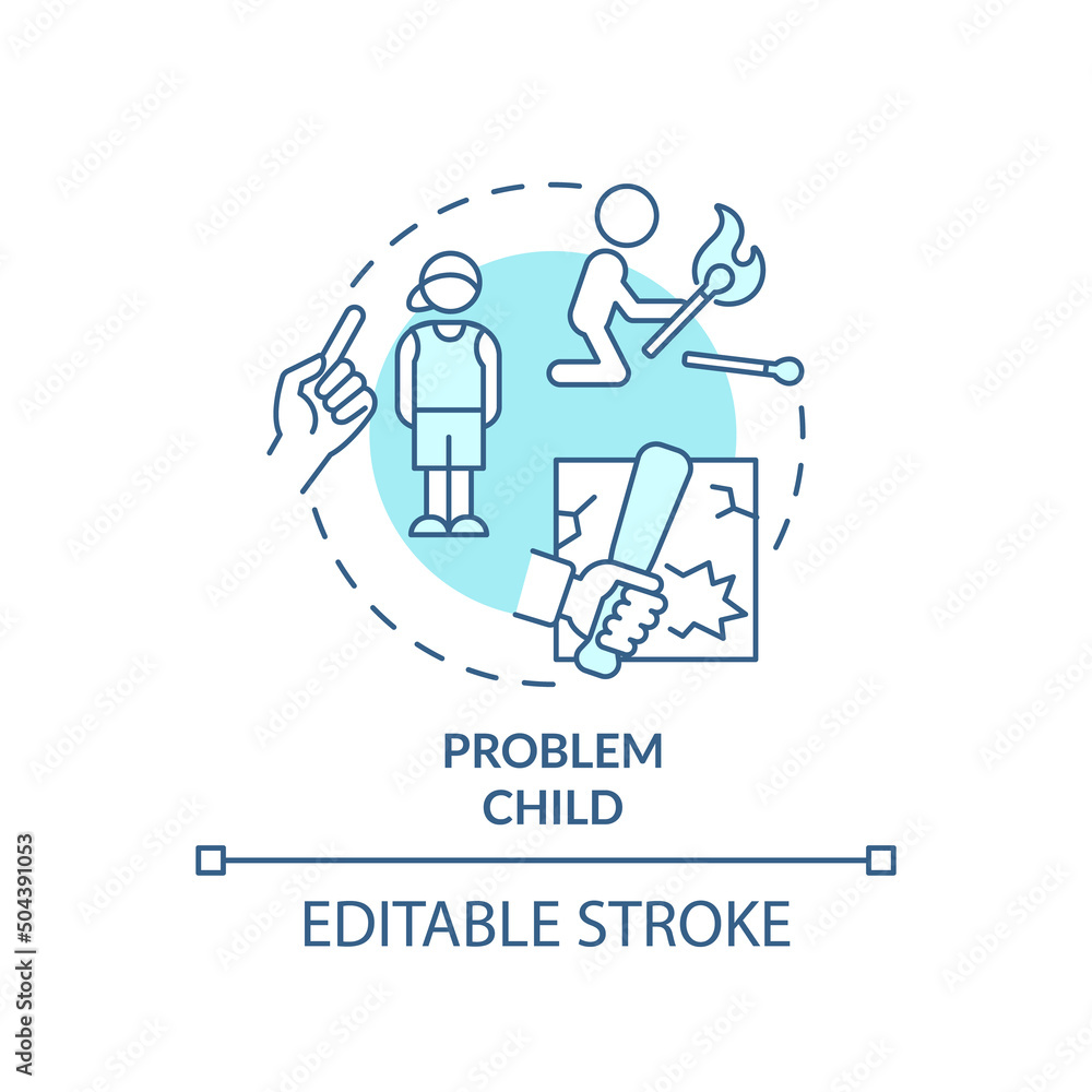 Problem child turquoise concept icon. Scapegoat. Child role in dysfunctional families abstract idea thin line illustration. Isolated outline drawing. Editable stroke. Arial, Myriad Pro-Bold fonts used Problem child turquoise concept icon. Scapegoat. Child role in dysfunctional families abstract idea thin line illustration. Isolated outline drawing. Editable stroke. Arial, Myriad Pro-Bold fonts used