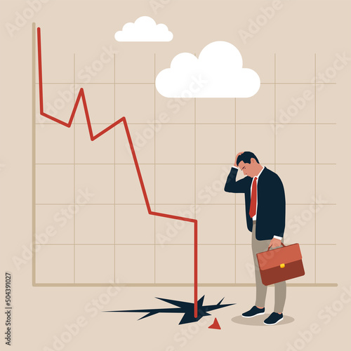 Upset man employee or worker stressed with bad financial statistics. Unhappy businessman stand near graph going down distressed with business bankruptcy or crisis. Flat vector illustration. 