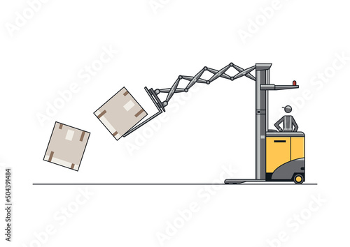 Overloading concept. Line vector design of modern scissors reach truck forklift.