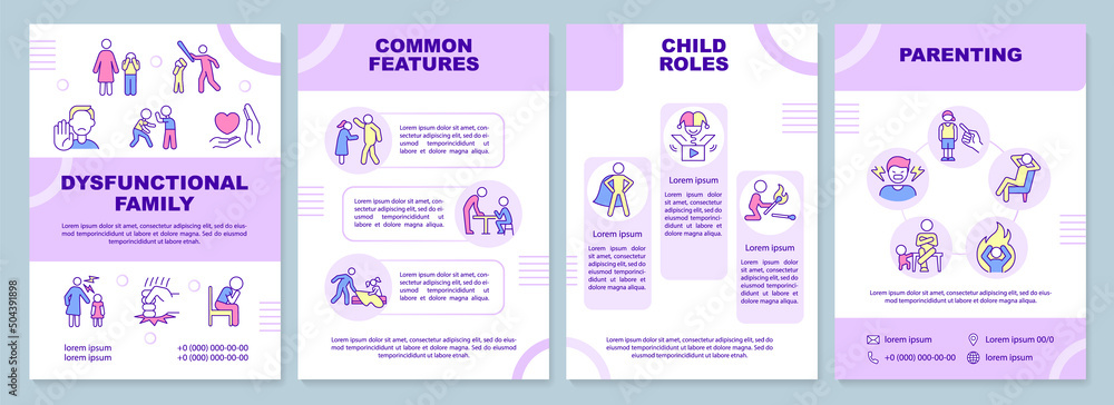 Dysfunctional families brochure template. Problems and abuse. Leaflet design with linear icons. 4 vector layouts for presentation, annual reports. Arial-Black, Myriad Pro-Regular fonts used