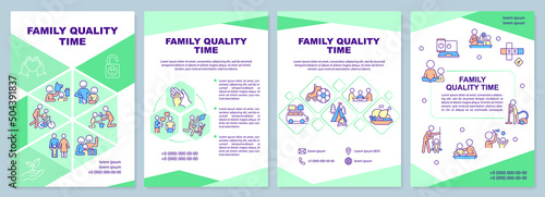 Family quality time brochure template. Family relationship. Leaflet design with linear icons. 4 vector layouts for presentation, annual reports. Arial-Black, Myriad Pro-Regular fonts used