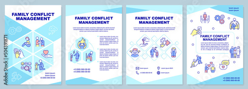 Family conflict management brochure template. Family relationship. Leaflet design with linear icons. 4 vector layouts for presentation, annual reports. Arial-Black, Myriad Pro-Regular fonts used