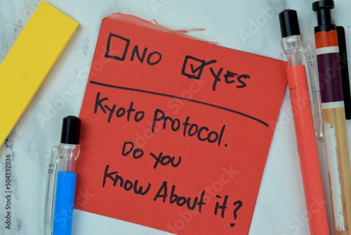 Concept of Kyoto Protocol, Do you know about it? No or Yes write on sticky notes isolated on Wooden Table. photo