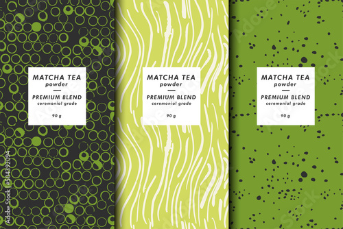 Vector illustration set of templates contemporary abstract cover and patterns for matcha tea packaging with labels. Minimal modern backgrounds.