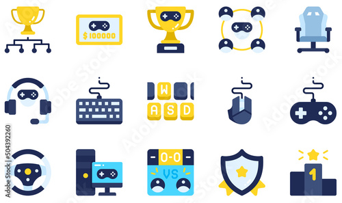 Set of Vector Icons Related to Esports. Contains such Icons as Tournament, Prize, Trophy, Team, Gaming Chair, Ranking and more.