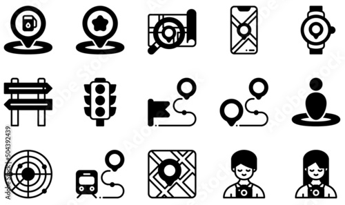 Set of Vector Icons Related to Maps And Navigation. Contains such Icons as Rating, Search, Phone, Watch, Route, Tourist and more.