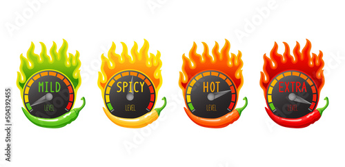 A set of four hot chili peppers, different colors, red, yellow, orange and green. Spiciness level, mild; spicy, hot, extra. Element for packing.