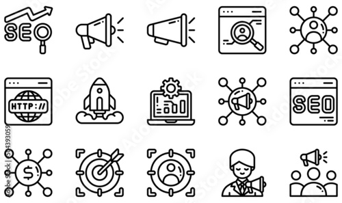 Set of Vector Icons Related to SEO And Marketing. Contains such Icons as Seo, Megaphone, Bullhorn, Social Media, Website, Social Marketing and more.