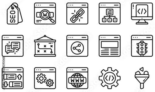 Set of Vector Icons Related to SEO And Marketing. Contains such Icons as Seo Tag, Keywords, Site Map, Feedback, Traffic, Ranking and more.