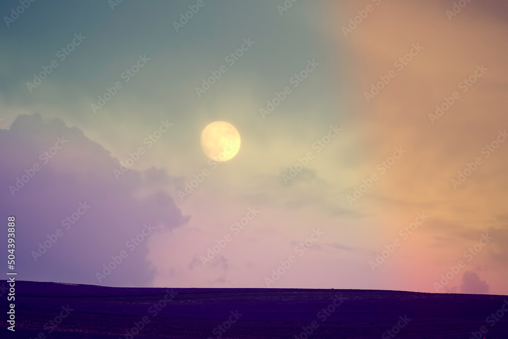 Fantastic fairytale landscape with the moon over a lavender field